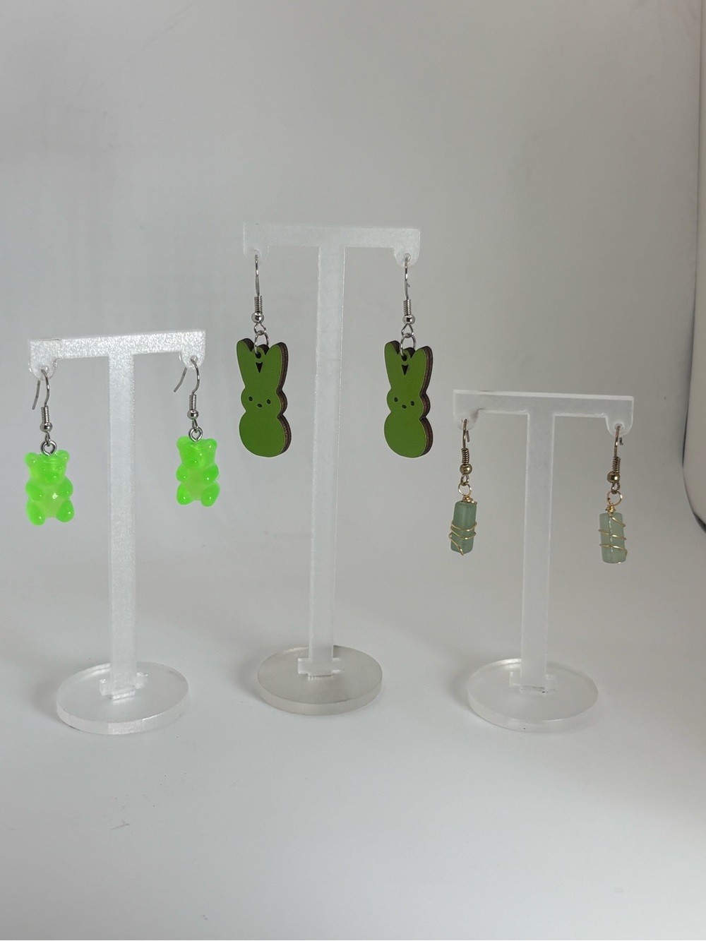 Green Earring Bundle | Gummy Bears, Peeps Bunny & Crystal Dangles | 3 Pairs